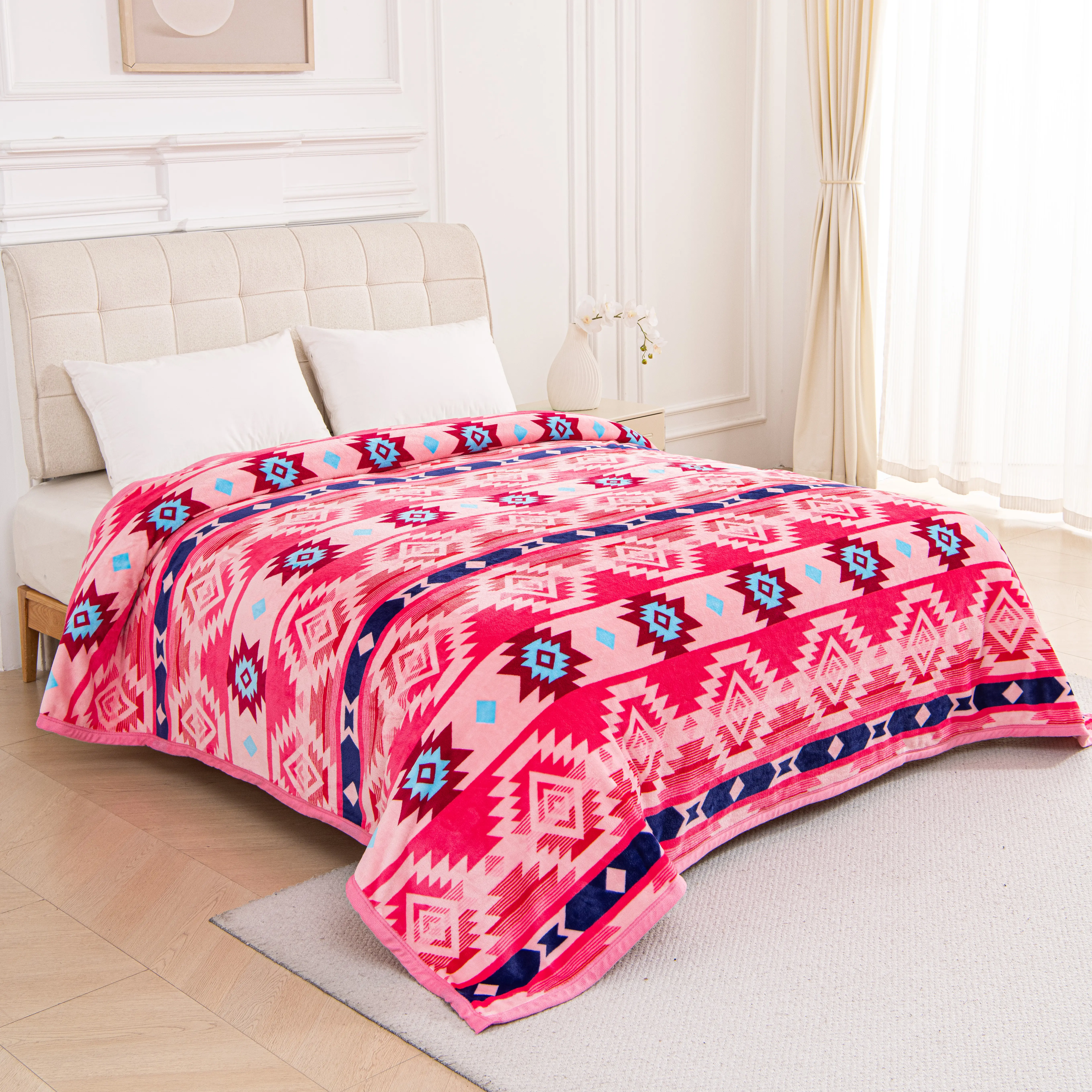 Oversized Super Plush Pink Tribal Southwest Aztec Flannel Blanket