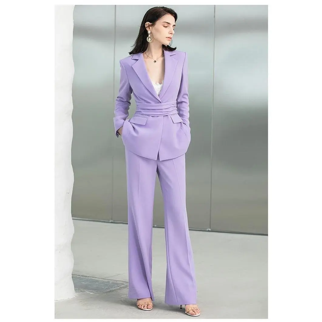 Purple V-Neck Wide Leg Pantsuit Set