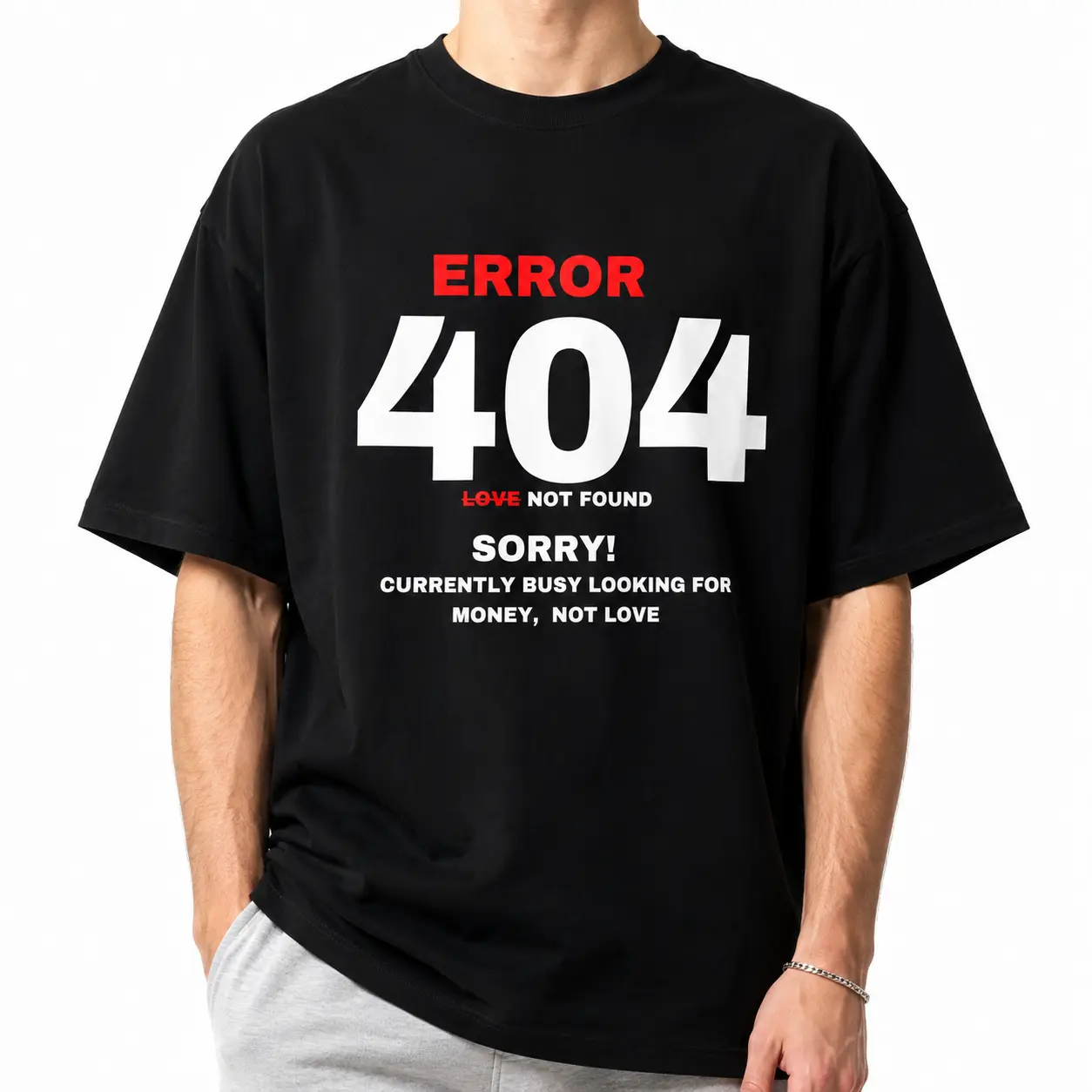 ERROR 404 Letter Print T-shirt, Black Shirt for Men, Women, Unisex Oversized Tee Top, Harajuku Streetwear Shirt, Casual Graphic T-shirt, Loose Fit Sweet Wear Outfit, Everyday Street Style Tee