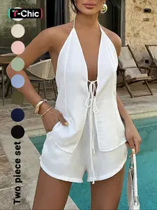 Women's Solid Color Breathable Lightweight Fitted Sleeveless Tie Back Top & Shorts Set, Casual Fashion Chic Minimalist Style Two-piece Outfits for Summer, Ladies Clothes for Beach Holiday Vacation, Womenswear