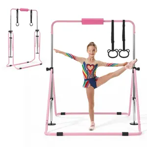 Gymnastic Bars for Kids, 140 Lbs Capacity Folding Training Kip Bar, Adjustable Height Gymnastic Horizontal Bar for Home, Training Equipment for Indoor and Outdoor, Easy to Assemble, Pink