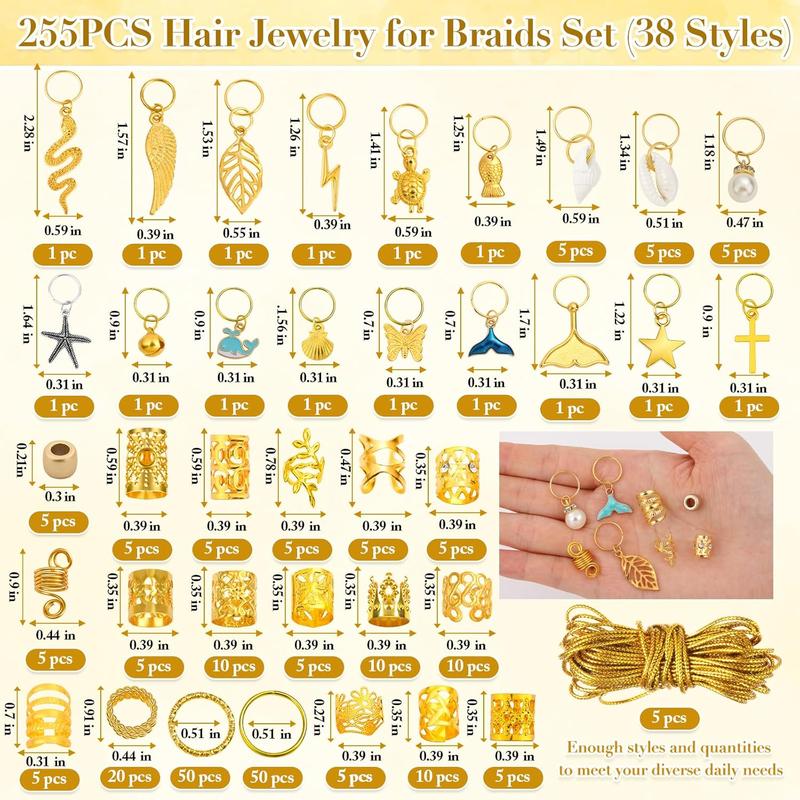 255 count  Hair  for Braids, 38 Styles Loc  Hair Charms for Women Men, Metal  Hair Cuffs Rings Clips for Dreadlock Accessories Hair Braids  Decorations()