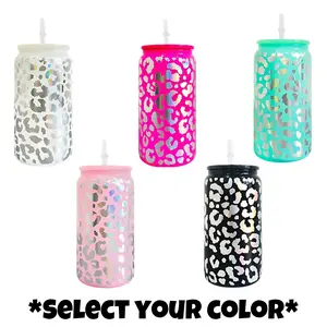 Holographic Leopard Glass Cup with Color Lid & Reusable Clear Straw - 16oz UV Printed Design - 5 Colors Available