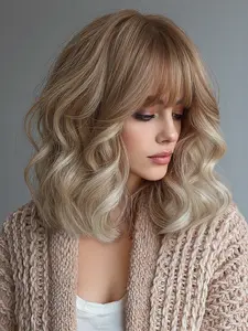 Bob Wig, Bangs Curly Hair Wig, 12 Inch Women's High Heat Resistant Synthetic Hair Wig, Fashion Casual Wig, Curly Bob Wigs for Mother's Day Festival