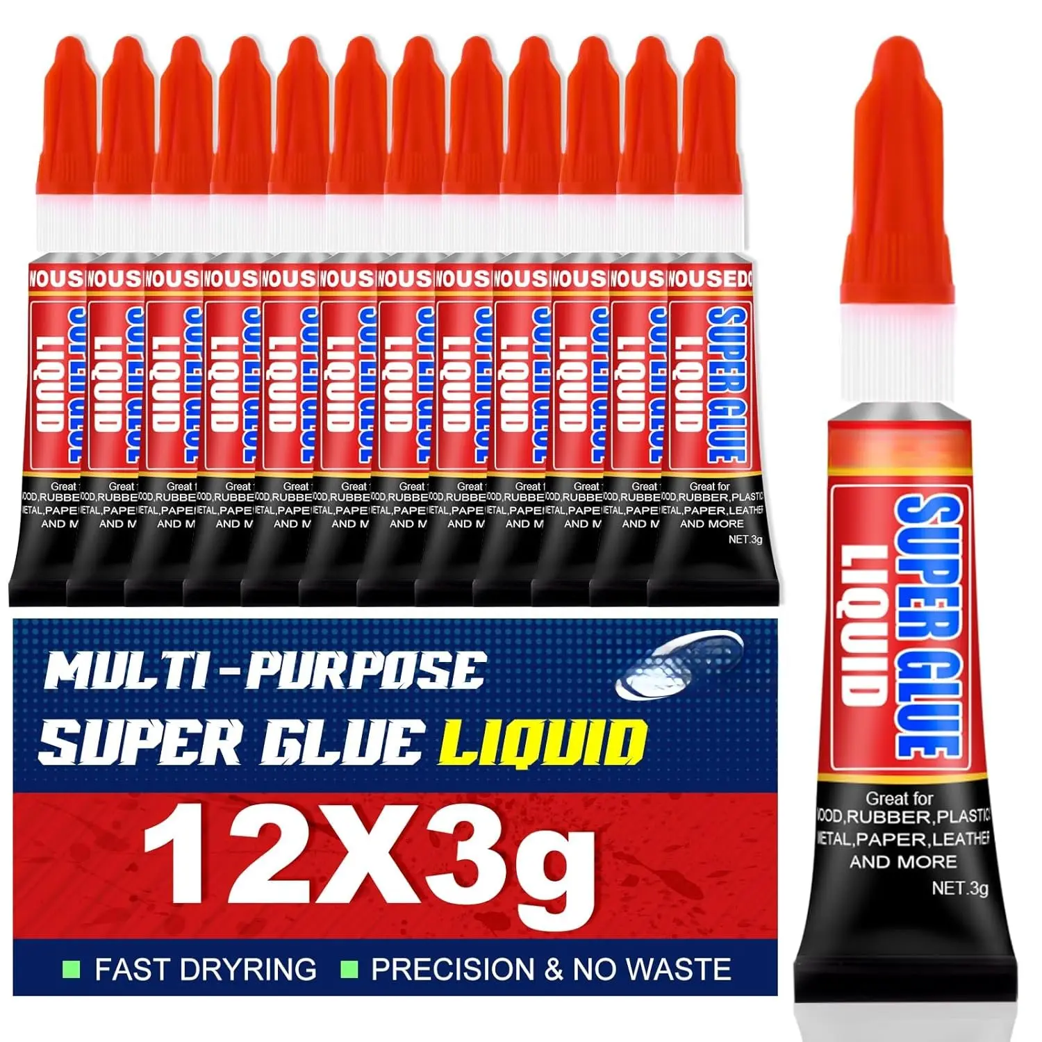 12 X 3g Super Glue Liquid, Clear  Adhesive, Drying Cyanoacrylate Glue for , Rubber, Leather, Plastic, Metal, DIY Crafts and