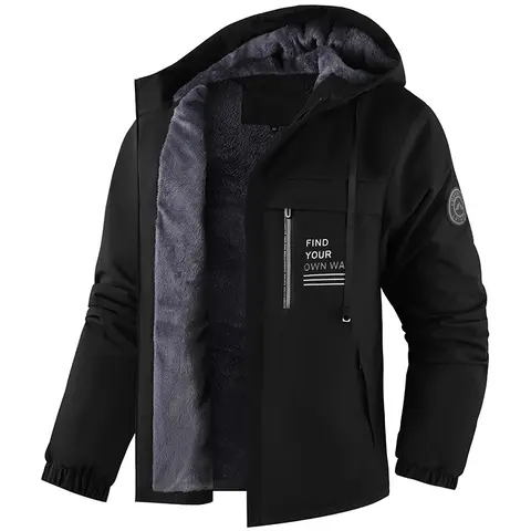 Men's Fitted Fleece-Lined Hooded Jacket - Thick Woven Casual Adventure Top, Long-Sleeve, Windproof, Waterproof Outdoor Menswear Coat, Casual Adventure Men's Fleece Jackets