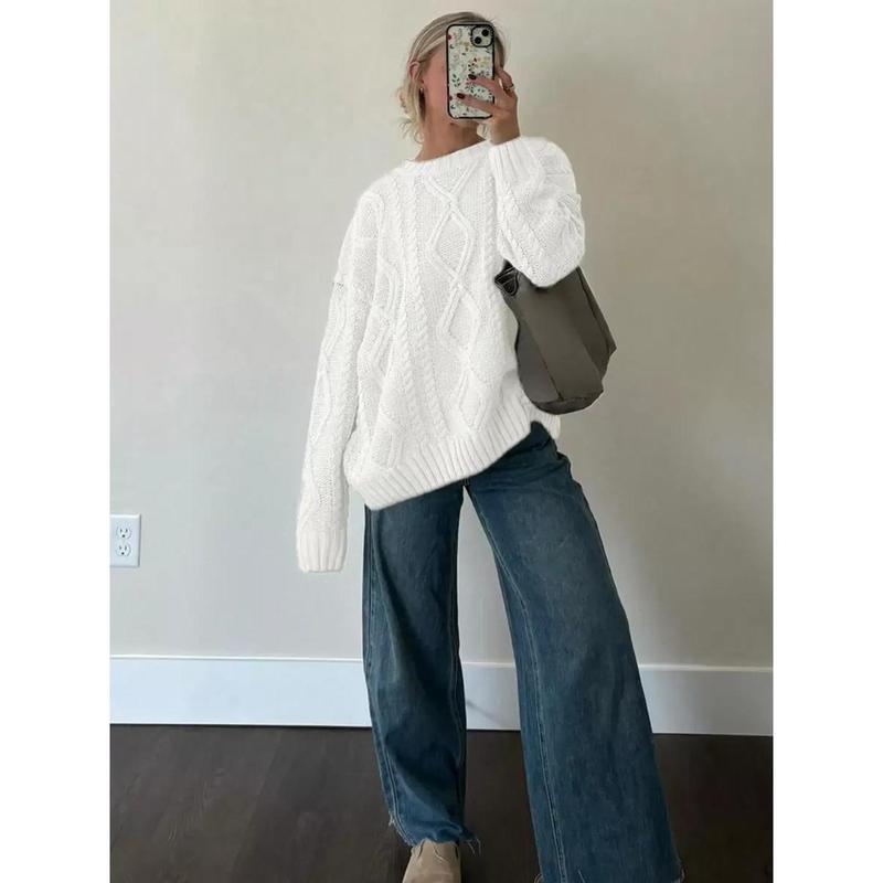 Women's Round Neck Twisted Flower Long Sleeve Knitted Sweater Tops White Casual Minimalist Pullover Polyester Fabric Knitwear Back-to-School Graduation Outfit
