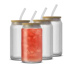 Fluted Glass Tumblers with Bamboo Lids and Straws Fluted Glass Tumblers with Bamboo Lids and Straws