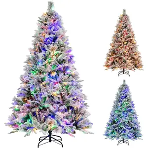 6ft Pre-Lit Snow Flocked Christmas Tree, Artificial Hinged Xmas Tree with 240 Multi-Color LED Lights, 8 Lighting Modes, 850 Branch Tips, Pine Needles, Pine Cones, Holiday Office Home Décor