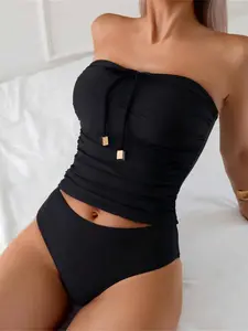 New Fashion Sexy Cute Bikini Set with Detachable Straps, Casual Slim-Fitting Beach Vacation Swimsuit, Plain Pattern, Swimming Suit