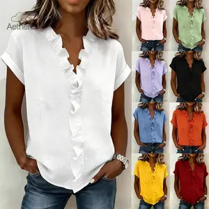 Women's Summer Cotton Linen Spliced Lace Short Sleeve Casual Solid Color Shirt