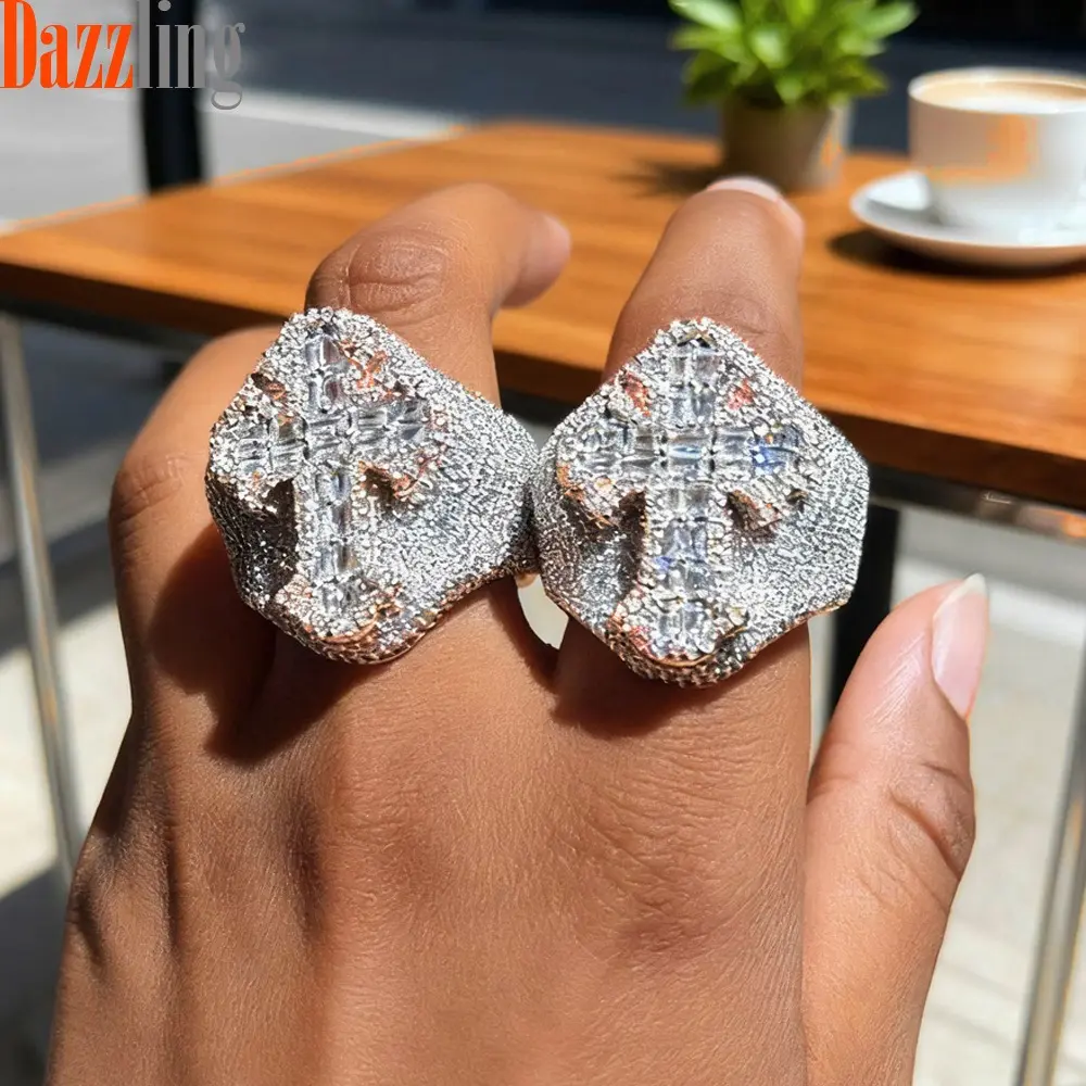 Iced Out Cross Ring Two Tone Rose Gold Border Baguette CZ Full Pave Diamond Wide Band Hip Hop Bling Cross Signet Ring Mens Women Punk Street Fashion Jewelry