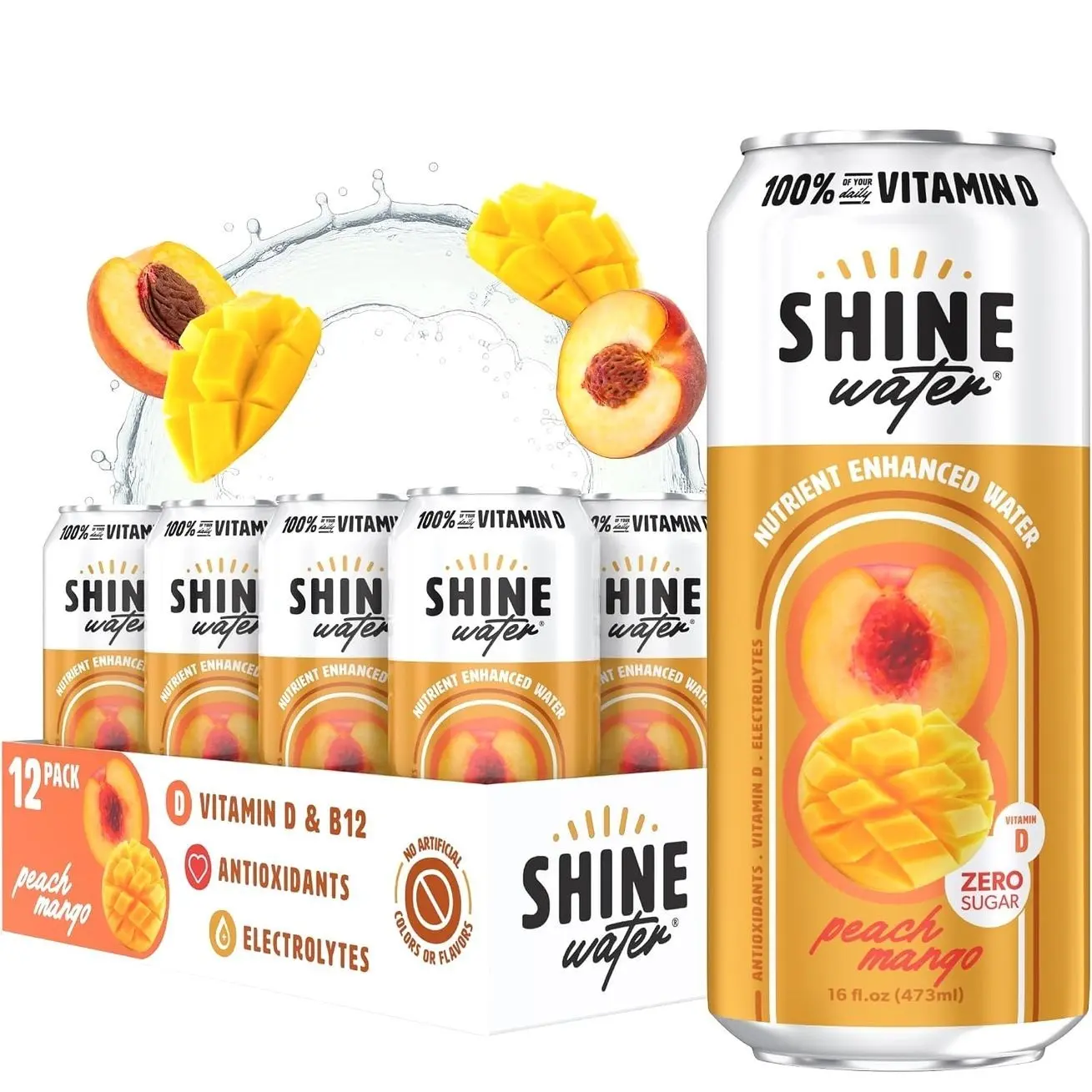 Shine Water Peach Mango Vitamin D Electrolyte Drinks 12-Pack, Sugar Free Flavored Water with Magnesium, Zinc & Antioxidants, Low Calorie Hydration Beverage, Plant-Based Vitamin Water Zero Sugar