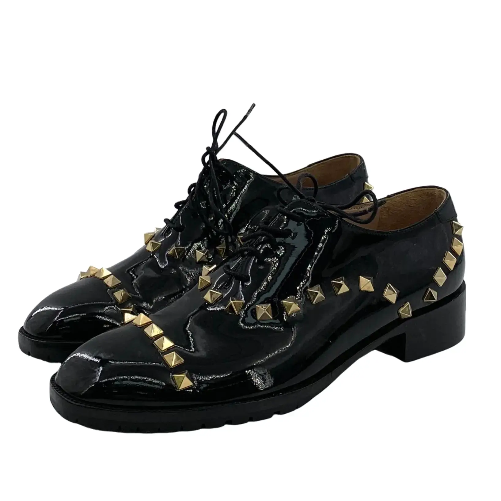 RDLT-Valentino Size 36 Black Patent Leather Lace-up Flat Shoes with Rockstud Details-H37511