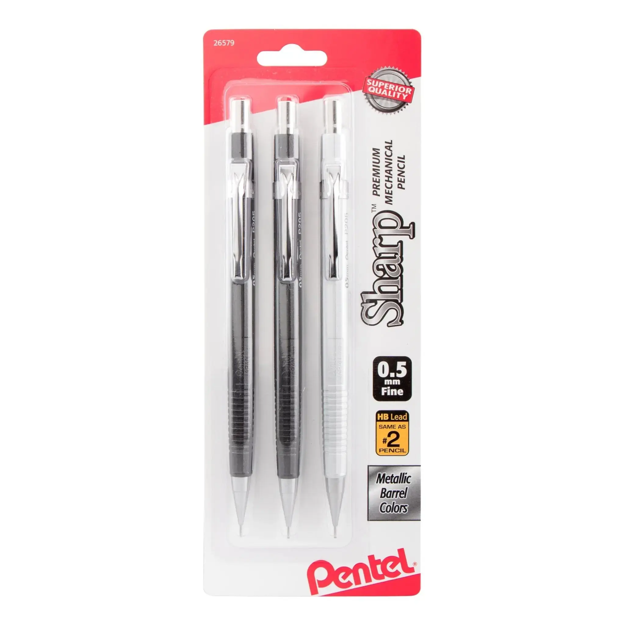 Sharp Mechanical Pencil 3-Pack - 0.5mm Fine Point, 4mm Tip for Ruler and Template Use, Assorted Metallic Barrels, Dark Lines, Ideal for Detail-Focused Users, Clear, Dark Lines