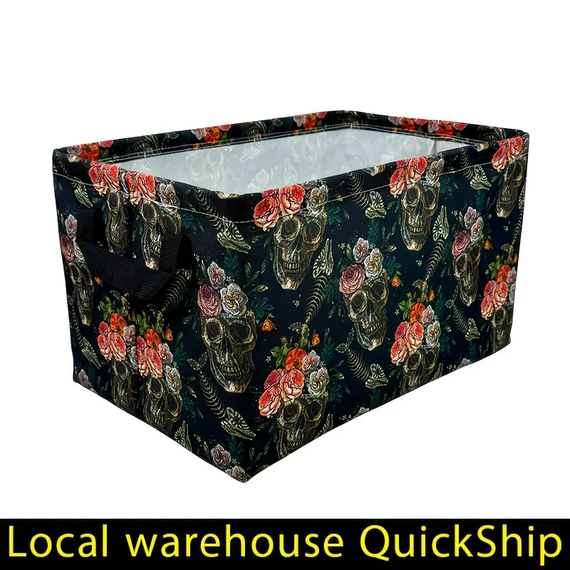 Retro Rose Flower Skull Storage Basket, Oversized Foldable Laundry Basket, Thick Oxford Fabric for Storing Clothes and Toys in Bedroom or Bathroom, Household Items, Shelf Basket