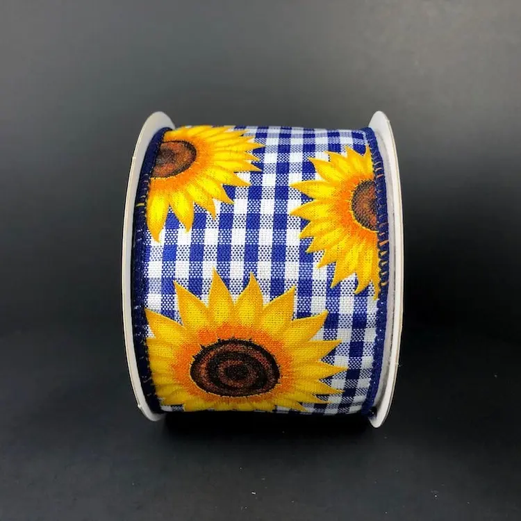 2.5"x10yd Blue/White Check Sunflower Ribbon
