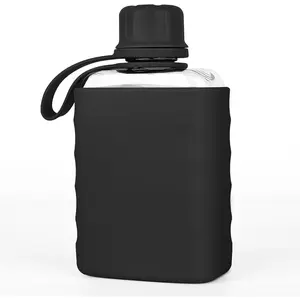 Mini Portable 8.2oz BPA Free Small Liquor Flask with Silicone Sleeve, Clear Tritan Plastic Pocket Water Bottle for Outdoor Travel Drinking (Black)