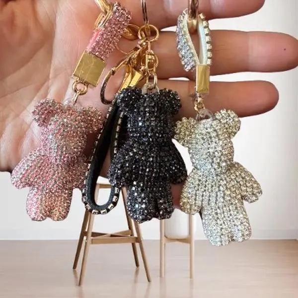 Rhinestone Teddybear Keychains - Sparkling Crystal Decorated Keyrings in Pink Black and Silver Colors
