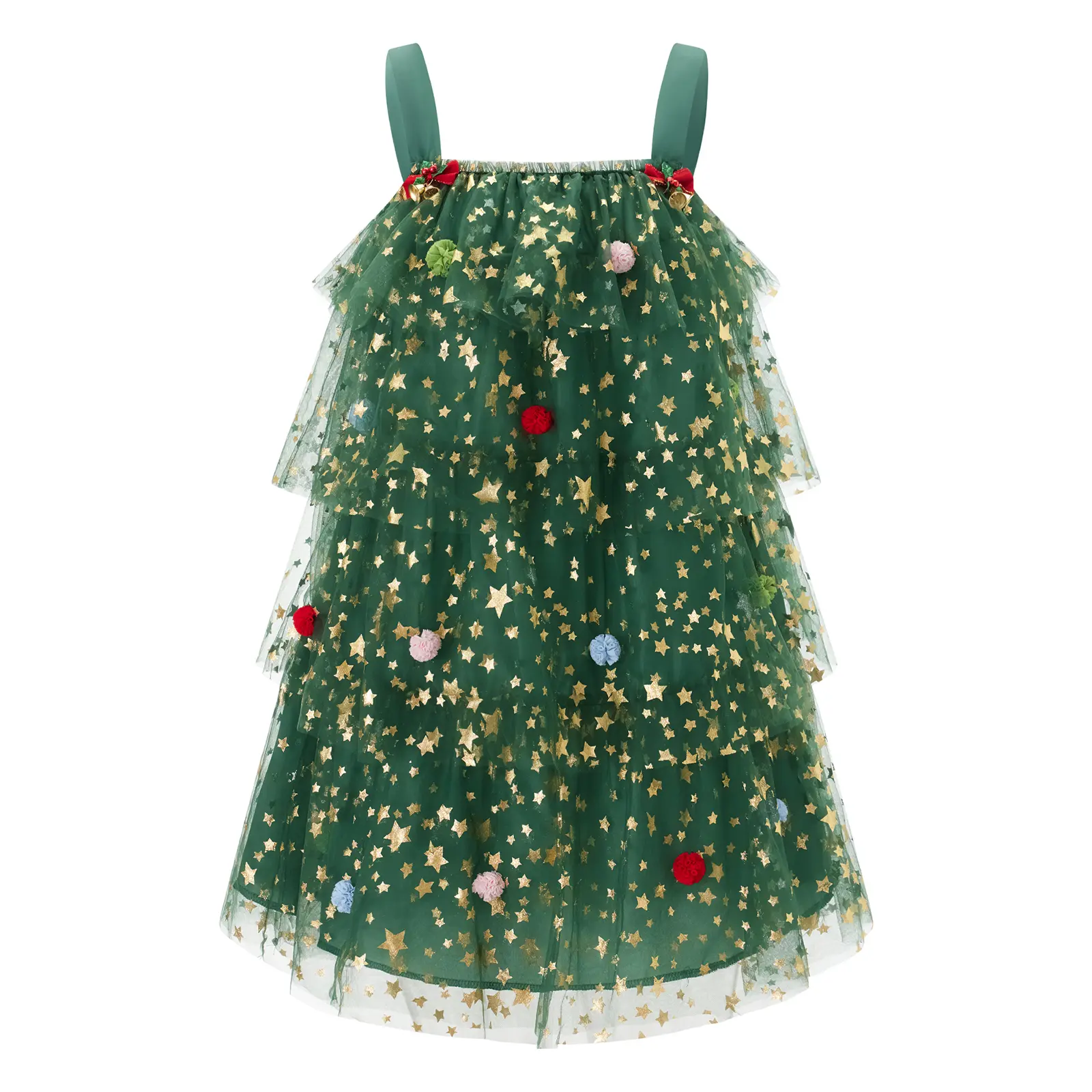Women's Christmas Tree Dress Glitter Star Sleeveless Loose Layered Tulle Dress Holiday Mini Dress