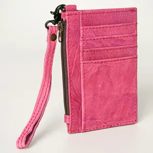 Pink Genuine Leather Slim Wristlet Wallet with Zipper Pocket by American Darling