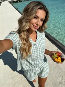 Women's Short Sleeve Pyjama Set, Plaid Full Print, Comfortable Breathable Sweet Girl Style, Casual Home Wear, All Seasons