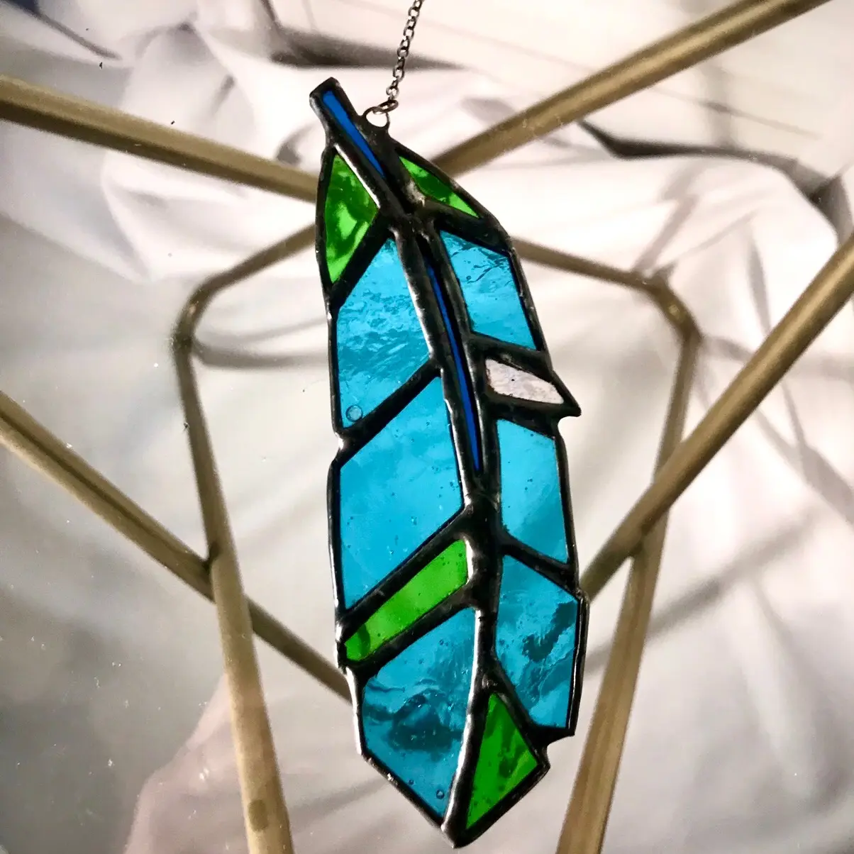 Gorgeous Blue Stained Glass Feather,  Decor