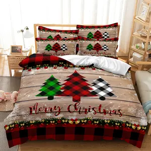 3pcs Merry Christmas Christmas tree Duvet Cover Queen Size,Tree snowflake grid Pattern Microfiber Bedding Comforter Cover Set (1 Duvet Cover + 2 Pillowcase),  Cheerful Seasonal Decor, Playful Holiday Print, Machinewashable Bedding Christmas gift