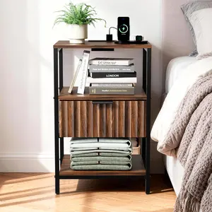 summervibes 1 Set Dark Walnut Ironwood Bedside Table with US Power Supply - Grille Design, 1 Drawer 2 Shelves, Density Board+Iron Pipe Triamine&Vacuum Forming