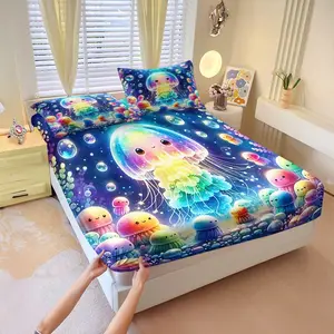 3Pcs Whimsical Jellyfish Pattern Digital Print Fitted Sheet Set, Dreamy Underwater Theme, Soft Comfortable Bedding Set, Colorful Ocean Decor, Machine Washable Deep Pocket, Includes 2 Pillowcases, No Pillow Core.