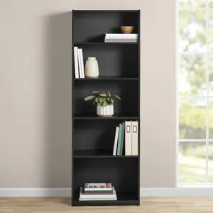 Tall 5-Shelf Bookcase with Adjustable Shelves – True Oak Wood Grain Finish – Sturdy Storage Organizer with Wall Safety Strap, 71" Height, Modern Closed-Back Design for Home or Office