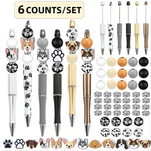 Cute Dog Paw Pattern Beaded Ballpoint Pen Set, 6 Counts/12 Counts Creative DIY Wooden Ballpoint Pen, Writing Pen Set for Office School Student, DIY Craft Kit