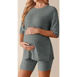 Maternity Outfits 2 Piece Set Womens Pregnancy Short Sleeve Shirt and Bike Shorts Lounge Wear Mama Clothes