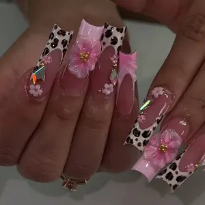 24 Pcs 3D Leopard Long Square Nails, Floral Design with 3D Flowers & Ab Rhinestones, Glossy Reusable False Nails, Party & Daily Wear, Nail Kit Set
