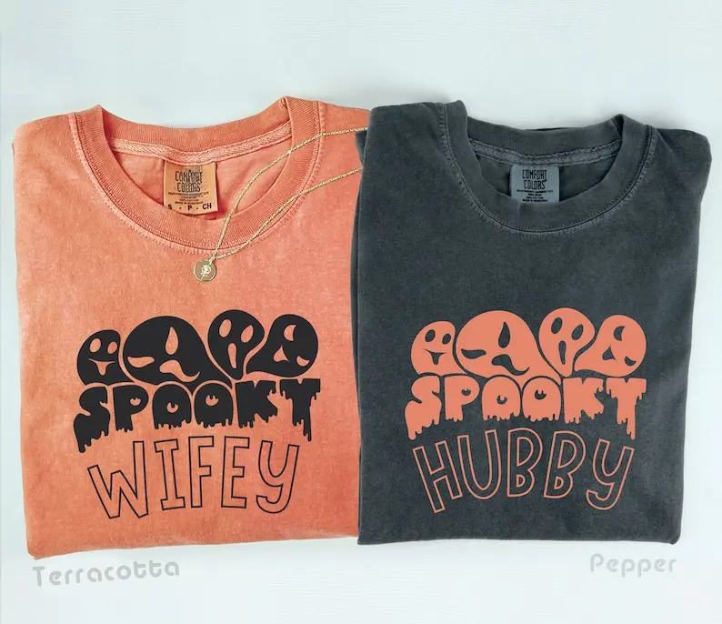 Comfort Colors Matching Hubby Wifey Halloween T-Shirts, Matching Couples Ghost Tee, Couples Halloween Tee, Couples Spooky Season, Spooky Couples Tee, Matching Halloween Shirt, Full Size, Full Color