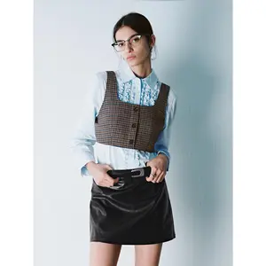 URBAN REVIVO 2026 Lady's Casual Sleeveless Round Neck Checkered Crop Top Vest - Thick Fitted Silhouette, Polyester-Viscose Fabric