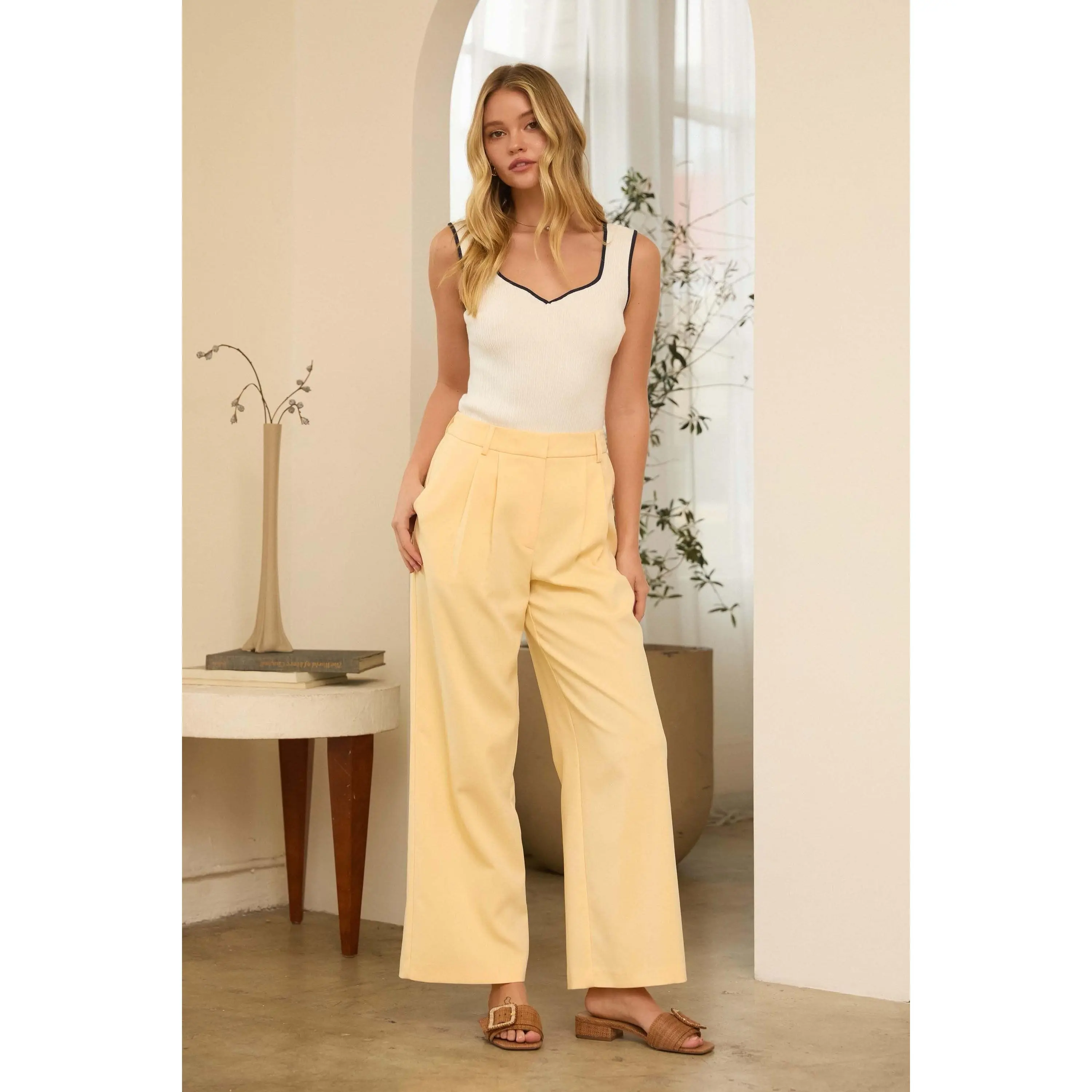 Straight Leg Pintuck Pants in Butter Yellow - Women's Tailored Trousers for Everyday Office & Workwear Essentials, Bottom, Comfortable, Blazer, Casual, Fit, Knit, Crisp Front Pintuck, Polished Look, Front Pintucks
