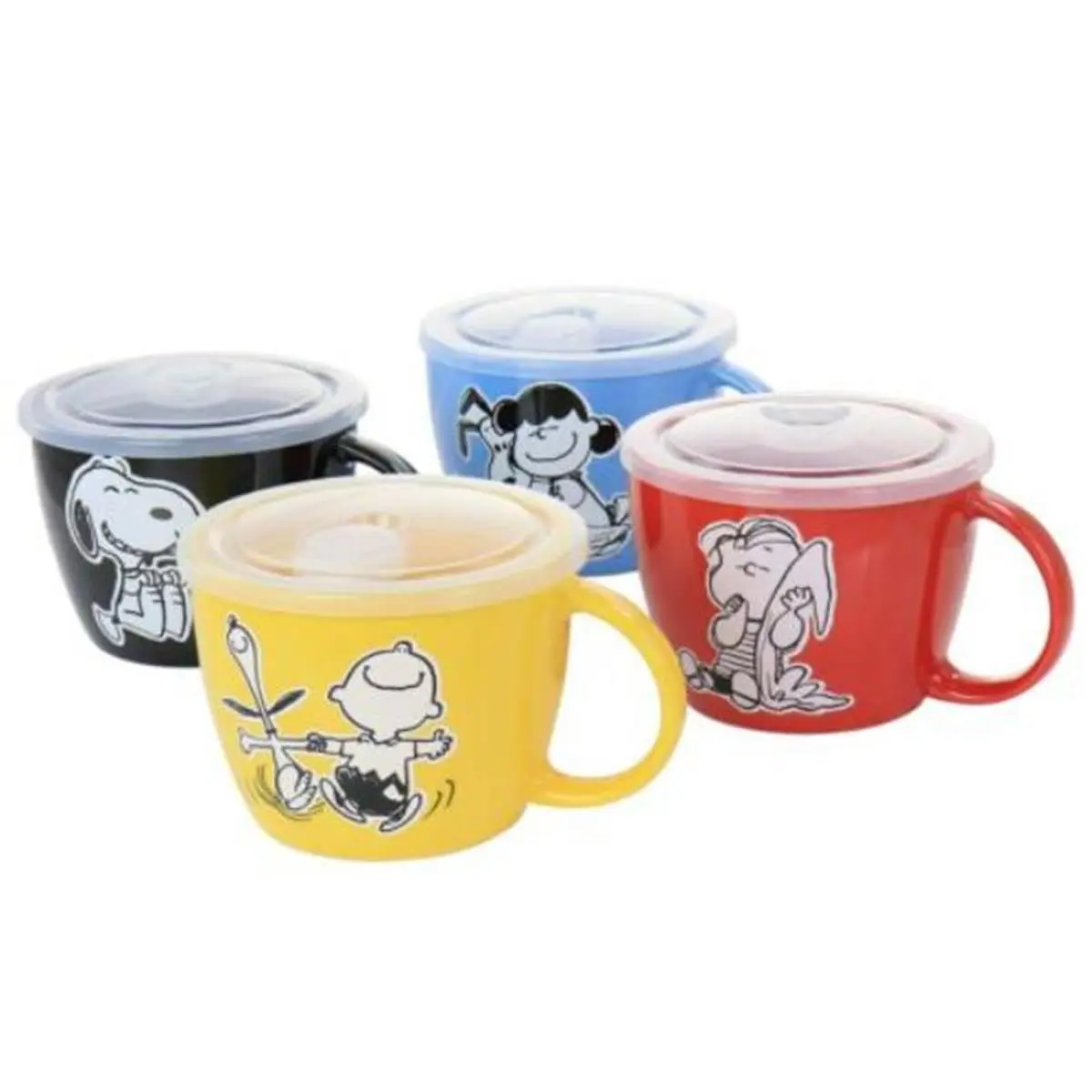 Gibson 129409.01 70th Anniversary Peanuts Theme Round Stoneware Soup Bowl Set, 4-Piece Assorted Colors Kitchen Tableware with 23.5oz Capacity, Airtight Lids, Dishwasher Safe for On-the-Go Use