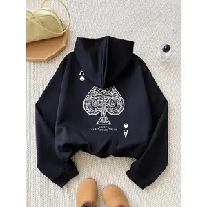 Women's Playing Card Print Hoodie, Fashion Casual Letter Graphic Hooded Sweatshirt for Daily Holiday Outdoor Wear, Women Clothing for Fall & Winter