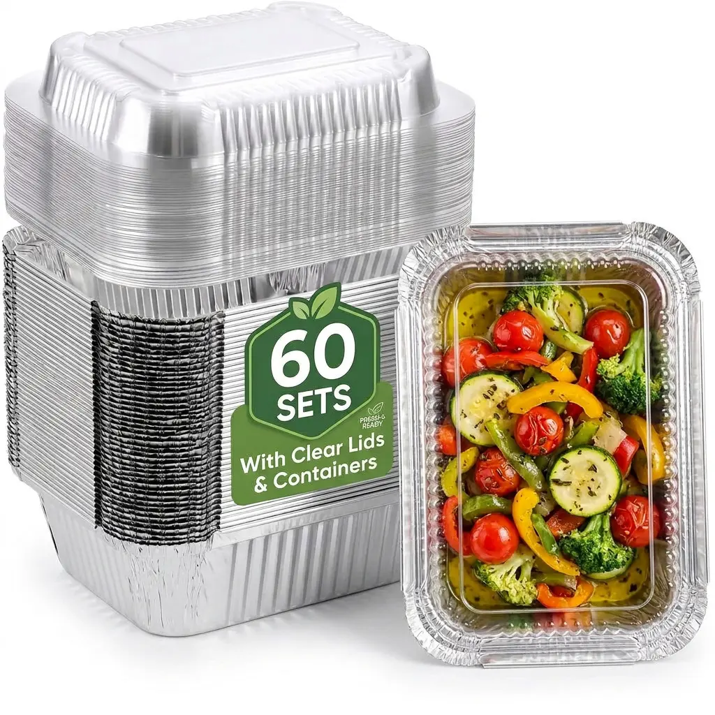 60 Count Large Aluminum Foil Containers with Lids, Disposable Foil Pans with Clear Lids, Heavy Duty Baking Trays for Oven, Air Fryer, Meal Prep, Takeout & Food Storage
