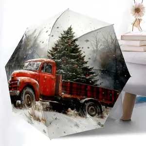Vintage Truck Christmas Tree Printed New Universal Umbrella, Automatic Folding Umbrella, Portable Foldable Design Travel Umbrella, Outdoor Umbrella, Black Friday, Christmas, Birthday Gift D1164
