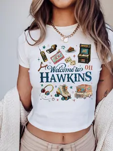 Vintage 80s Hawkins Town T-Shirt | Women's Oversized Versatile Stranger Things Summer Crop Short Sleeve Top