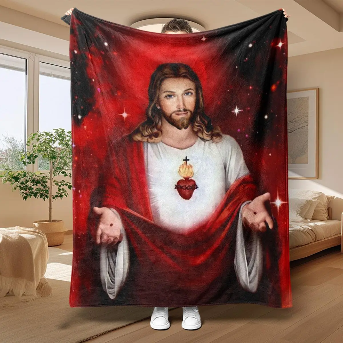 Jesus Pattern Soft Throw Blanket - 100% Polyester, Wrinkle Resistant, 30*40 in, Stylish Figure Print Blanket for Home, Office, Travel