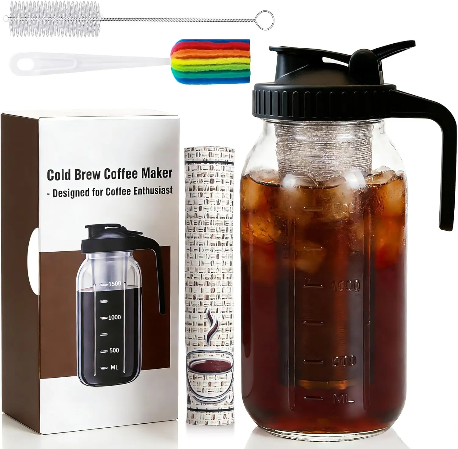 Cold Brew Coffee Maker, 64oz Cold Brew Pitcher with Stainless Steel Filter & Coffee Mat, Glass Cold Brew Mason Jar with Airtight Lid, Cold Brew Brewer Kit Tea Infuser Pitcher, Gifts for Coffee LoversGift.