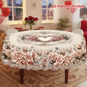 1pc, Spring Summer Themed Party Tablecloth, Valentine's Day Mother's Day Vintage Love Heart Rose Floral Printed Design, Rectangular/Round/Oval Table Cloth, Embossed Edge, Kitchen Dining Outdoor Picnics Dinner Decor Ideal