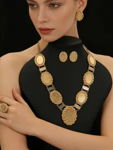Vintage Turkish Oval Gold Coin Jewelry Set, 18k Gold Plated Luxury Exotic Accessories, Casual Stainless Steel Chain, All Seasons