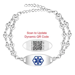 Scan to Update Medical ID Bracelet  Dynamic QR Code, No Engraving Needed, Stainless Steel Double Heart Emergency Bracelet for Women