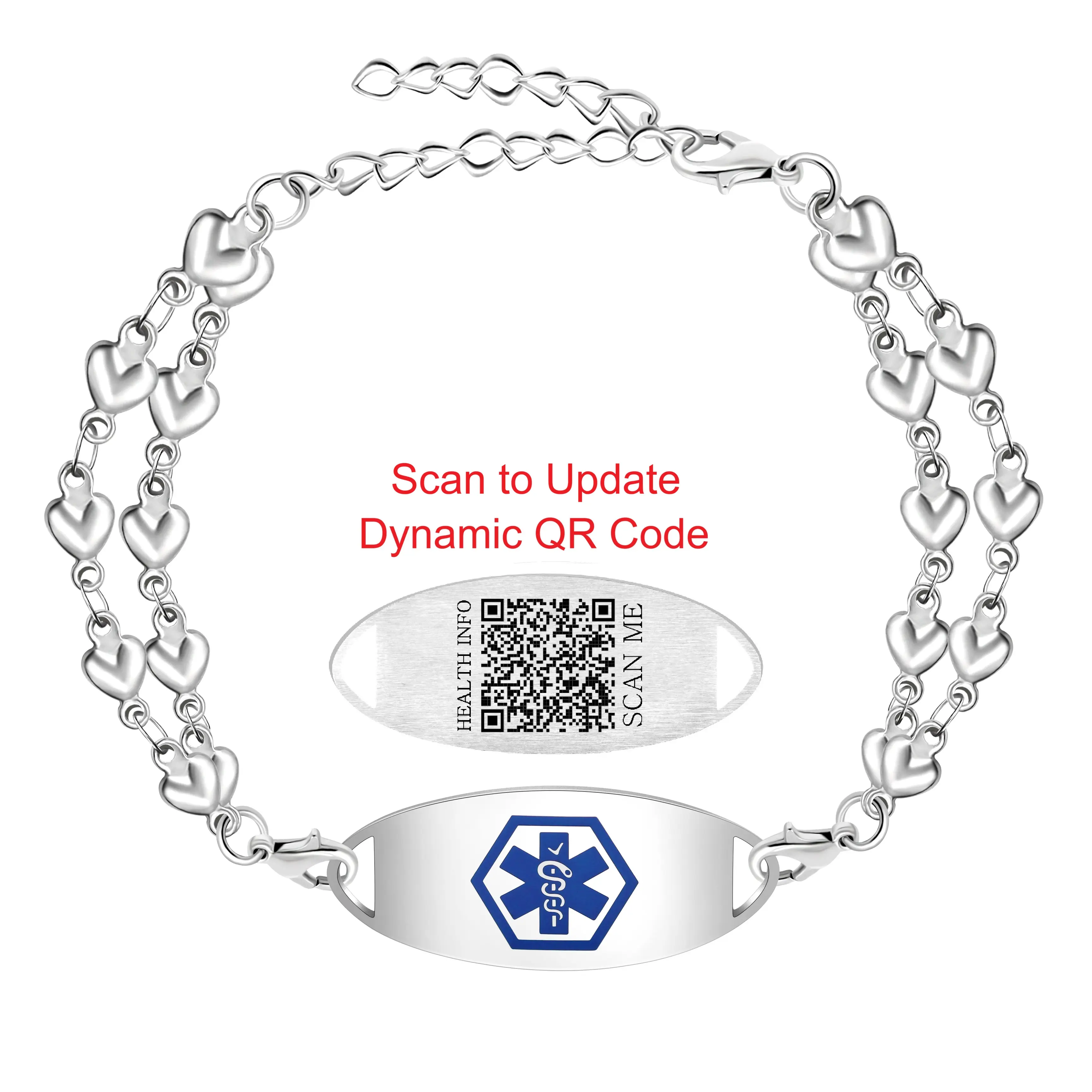 Scan to Update Medical ID Bracelet  Dynamic QR Code, No Engraving Needed, Stainless Steel Double Heart Emergency Bracelet for Women