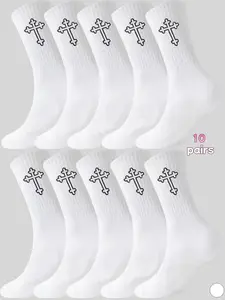 10 Pairs Unisex Couple Socks, Cross Pattern Trendy Socks, Men Women Sports Socks, Sweatproof Odorless Comfortable Breathable Gym Socks, Athletic Socks