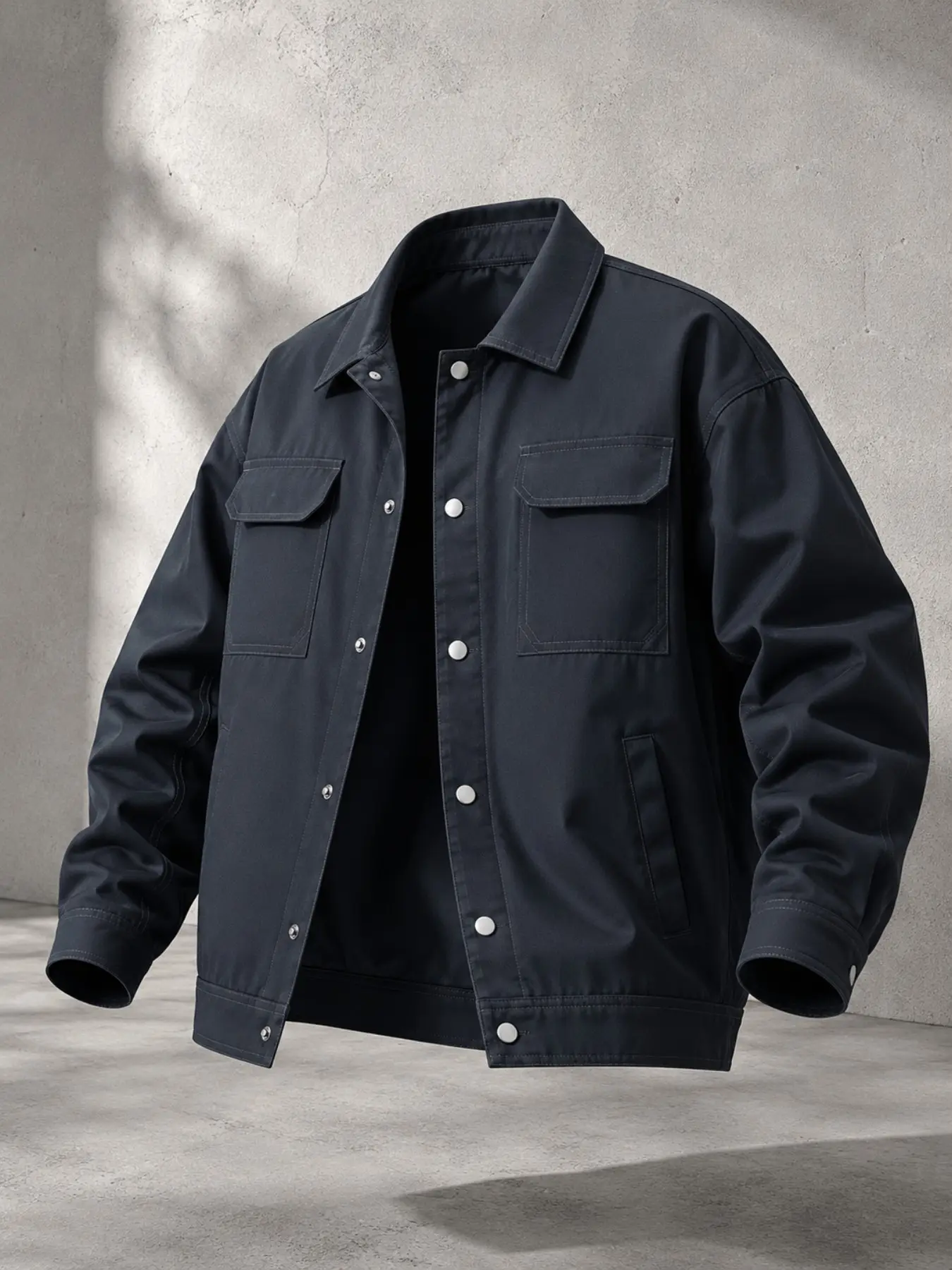 Men's Vintage Roll Collar Work Jacket, Durable Polyester, Long Sleeve, Loose Fit, Snap Closure, All Seasons, Casual Style
